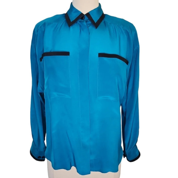 Vintage Eleanor P Brenner Silk Blouse Blue & Black Button Down Size Medium Flaws - Picture 1 of 14